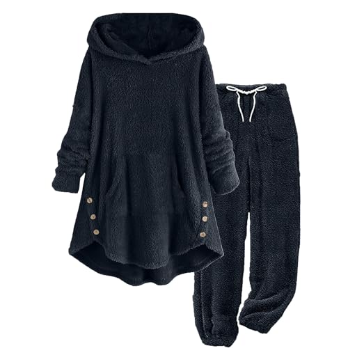 2 Piece Sets for Women Plus Size Fleece Side Button Hoddies Top Drawstring Baggy Fall Fashion Sweatpants Lounge Outfits