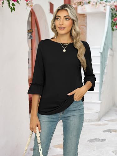 Poetsky Womens Elbow Length Tops Cute Boat Neck Summer Fall Casual Tunic Blouses Black Xl thumb #2
