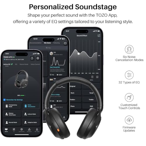 Image of TOZO HT3 Hybrid Noise Cancelling Headphones, 90H Battery Life Wireless Over Ear Bluetooth 6.0 Foldable Headset, AI Voice Assistant with 5 Mics, Connect 2 Devices and Hi-Res Sound, 32 EQ Audio Presets