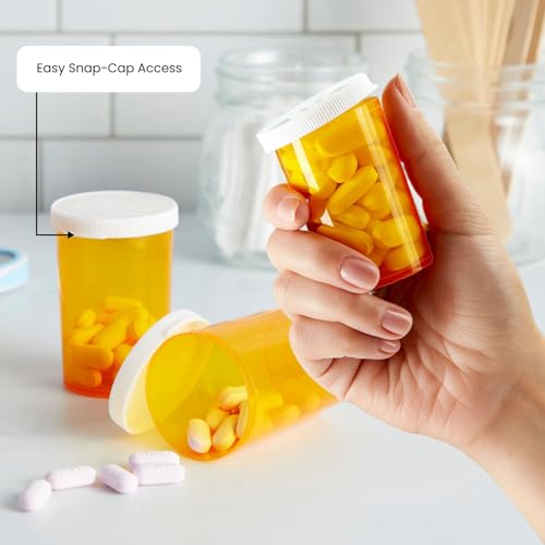 Image of Juvale Empty Pill Bottles with Caps - Easy-Open Plastic Vials with Caps - Compact Travel Pill Bottles - 20 Dram, Orange, Pack of 100