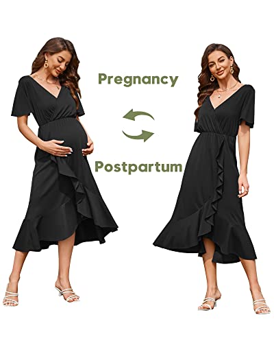 Laishen Women's Maternity Dress 2023 Summer V Neck Ruffle Split Formal Midi Pregnancy Dress Baby Shower Photoshoot(Black,M) #TOP3