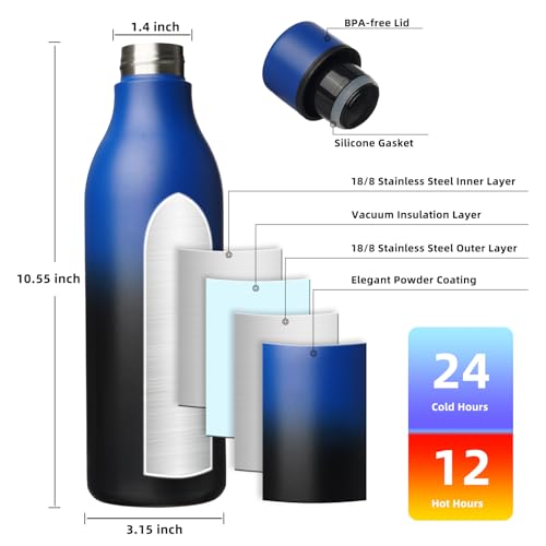 Image of BJPKPK Insulated Water Bottles, 25 oz Stainless Steel Metal Water Bottle with Strap, BPA Free Leak Proof Jugs, Mugs, Flasks, Reusable Thermal Flasks for Sports & Travel, Blue Black