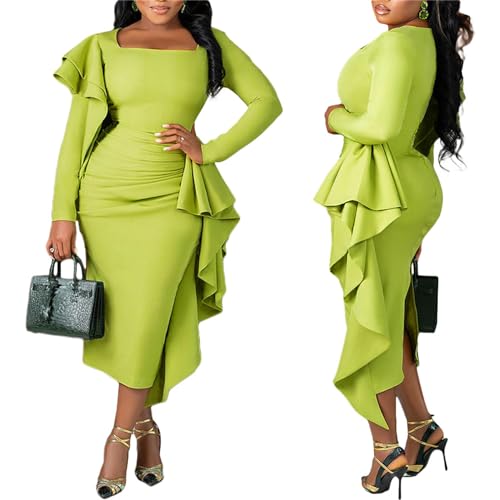 Women Vintage Bodycon Dress Ruffle Ruched Long Sleeve Cocktail Party Work Pencil Midi Dress3