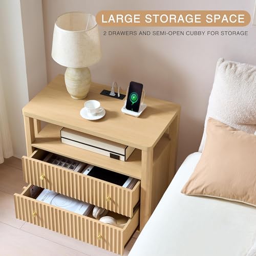Image of Fluted Nightstand with Charging Station Set of 2, 27.3 inch Wide Modern Bedside Table with 2 Drawers & Open Shelf, Large Wood End Table with Storage & Metal Handle for Bedroom, Natural Wood
