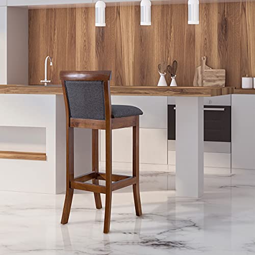 Kit 3 Banquetas Alta Estofada Encosto Mônaco 36x100Cm Madeira Maciça Imbuia Linho Cinza L67 - RMI