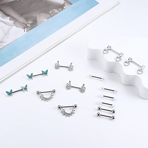 Besteel 7Pairs 14G Nipple Rings For Women, Surgical Steel Nipple Piercing Jewelry, Cute Cz Ball Heart Butterfly Snake Leaf Nipple Tongue Barbell Rings Retainer Body Piercing Jewelry, Steel #TOP5