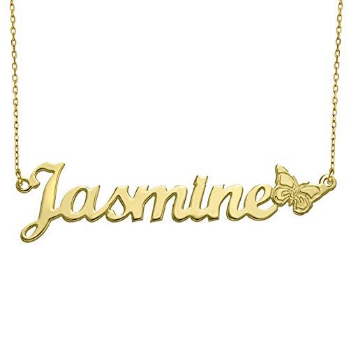 Myka - Personalized Name Necklace With Butterfly Charm - Custom Pendant - Precious Metals: Sterling Silver 925 & 18K Gold Plating, 10K Yellow Gold - Jewelry Gift For Mother’s Day, Xmas, Christmas, Anniversary, Birthday For Mom, Mother, Women, Her, Sister #TOP15