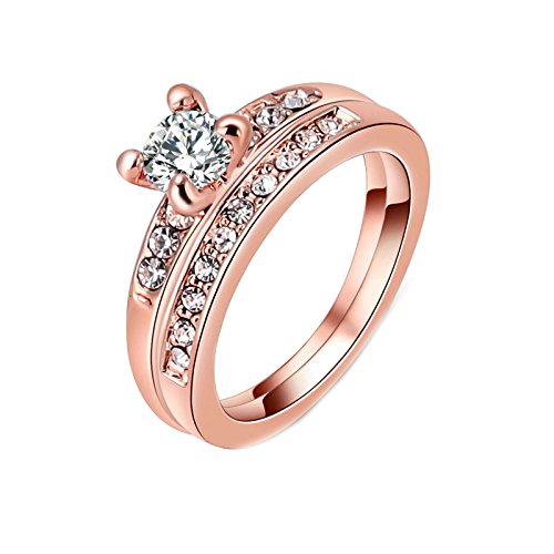 Epinki Gold Plated Ring, Round Cut Cubic Zirconia CZ Engagement Wedding Ring Set for Women-Rose Gold Size 8