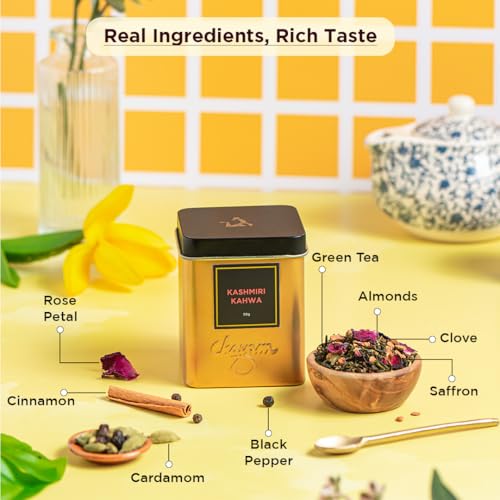 Image of CHAYAM Kashmiri Kahwa Green Tea - 50g /1.77oz each | Herbal Blend with Saffron, Cardamom, Cinnamon, Cloves, Almond & Rose Petals | Tea helps with digestion & metabolism |100% Natural - Pack of 2