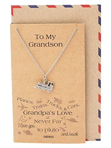 Quan Jewelry Steam Engine Train Necklace with Inspirational Message on Greeting Card, Birthday Gifts for Grandson in Silver Tone, Adjustable Chain 16