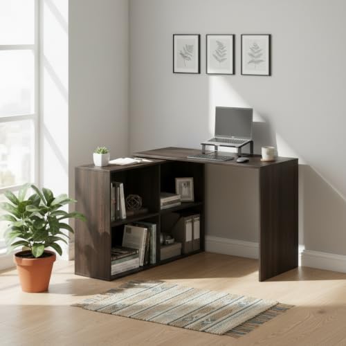 Image of FURNEASER Maggen Engineered Wood Rotatable Study Table, L-Shaped Corner Computer Desk, Laptop Workstation for Home Office, WFH Desk, Gaming Space Saving Rotating Table with Bookcase (Wenge)