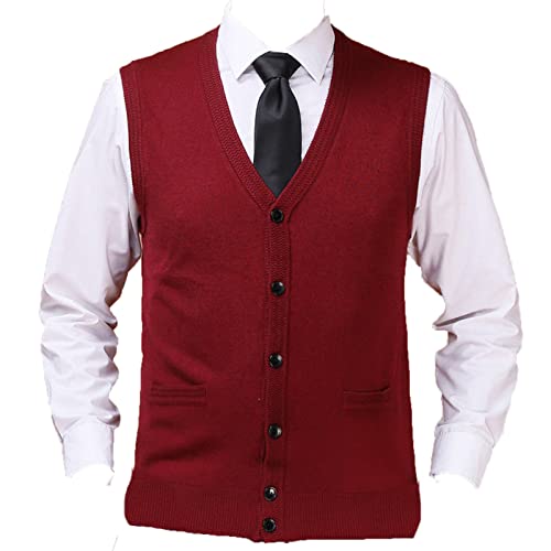 Mens Sleeveless Cardigan Vest V-Neck Wool Blend Knitted Sweater Vests Middle-aged And Elderly Casual Fit Cardigans Suits Vest (Red,X-Large)