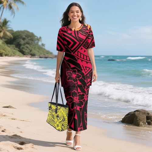 Puletasi Samoan Traditional 2 Piece Outfits for Women Short Sleeve Crop Top and Maxi Skirt Sets Puletasi Dress3