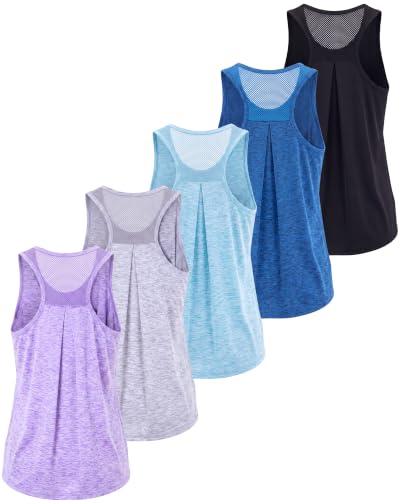 Real Essentials 5 Pack: Women's Racerback Athletic Tank Top Mesh Back Dry-Fit Sleeveless Shirt for Workout Running Gym