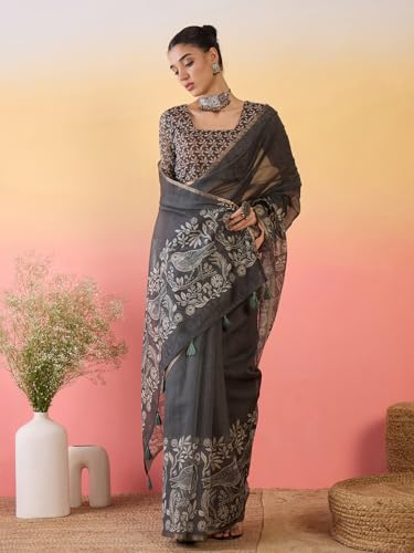 Image of AKHILAM Women's Cotton Printed Saree With Unstitched Blouse Piece