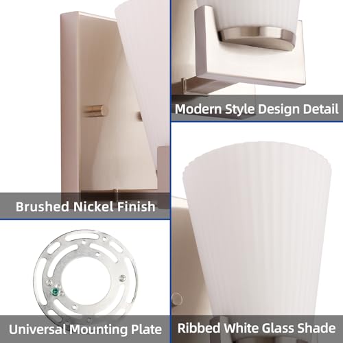 Image of 1-Light Bathroom Vanity Light, Brushed Nickel Wall Sconce with Ribbed White Glass Shade for Mirror, Bathroom, Bedroom, Living Room, Modern Style Wall Light, 1 Pack, E26 Base (Bulbs Not Included)