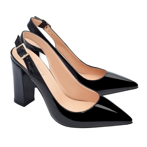 Women's Slingback Chunky Block Heel Pointed Toe Ankle Strap Pumps Party Office Shoes4