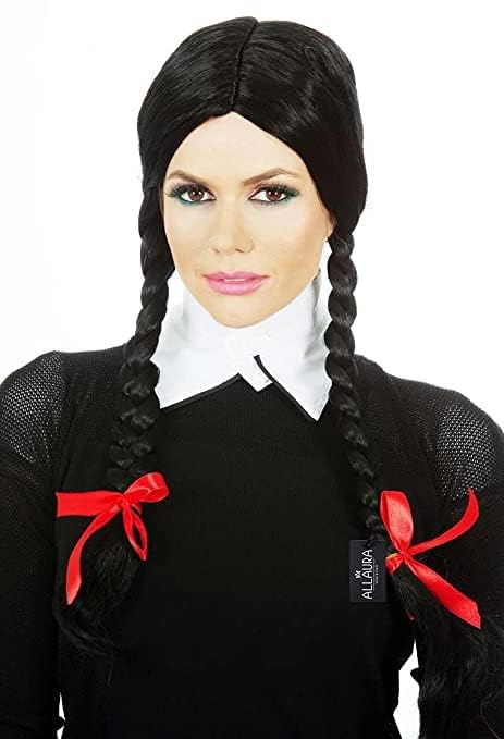 Image of ALLAURA Braided Black Wig Costume Wed. Black Braided Pigtail Wig Braids + Red Ribbons Costume Wig Halloween Costume | Compatible with Wednesday Wig