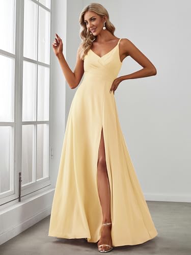 Image of Ever-Pretty Women's Summer Backless Spaghetti Straps Bridesmaid Dresses Chiffon V-Neck Slit Long Formal Wedding Guest Dress