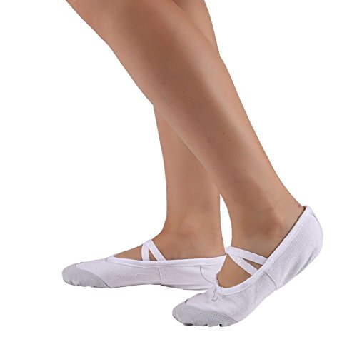 Leezo - Zapatillas clásicas de ballet planas, para practicar baile y yoga, de tela y de cuero, para niñas, blanco, 37 EU = 22.5 cm = 8.86 inch