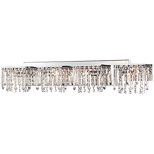 Possini Euro Design Hanging Crystal Modern Wall Light Chrome Silver Metal Hardwired 33 3/4" Wide 4-Light Fixture Mounted Strand And Prisms For Bathroom Vanity Mirror House Home Hallway Room Decor #TOP6