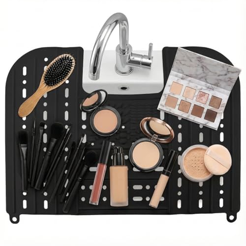 Oahtzy Sink Foldable Cover Bathroom Sink Top Cover Space Saver Silicone Makeup Organizer Mat for Over Countertop Bathroom Accessories (Black)