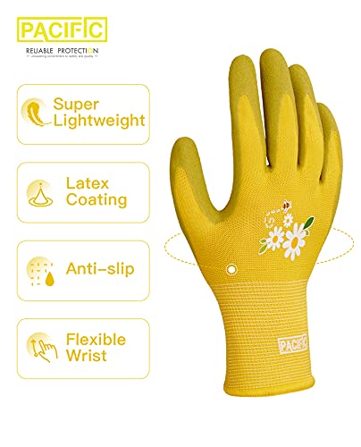 Pacific Ppe 3 Pairs Gardening Gloves For Women, Latex Coated Garden Gloves, Breathable, Medium Size Fits Most, Yellow #TOP1