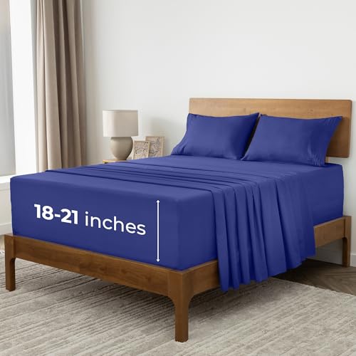 Image of Mellanni Extra Deep King Sheets - 4 PC Iconic Collection Bedding | Hotel Luxury, Ultra Soft, Cooling Bed Sheets - Wrinkle, Fade, Stain Resistant (King, Royal Blue)