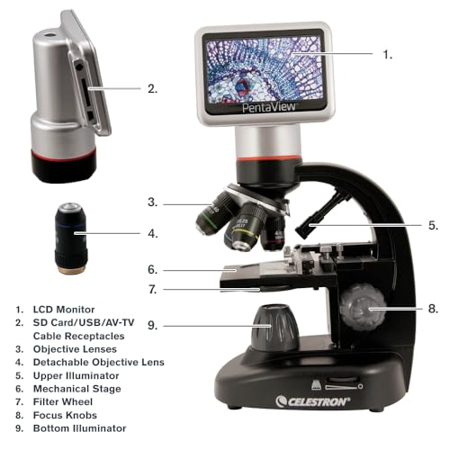 Celestron – PentaView LCD Digital Microscope – 4.3" Screen – 5MP Camera – 40x–2400x Magnification – Rotating Head – SD Card Included –TV Output – Ideal for Slides, Labs, Classrooms, Biology, Education by Celestron - Image 9