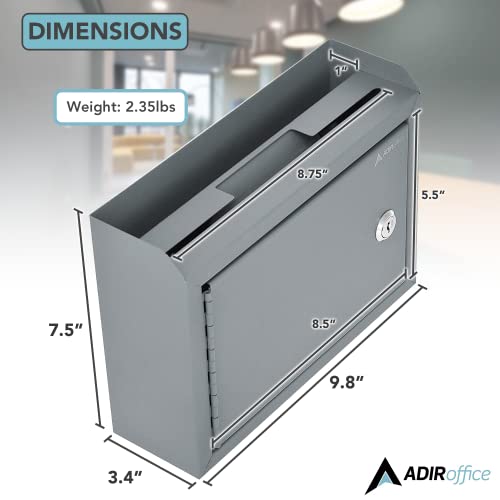 Adircorp. Wall Mountable Steel Suggestion Box With Lock - Donation Box - Collection Box - Ballot Box - Key Drop Box - 9.75X7X3 - Gray #TOP4