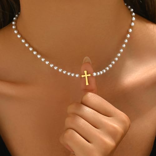 Cross Necklace for Women 18K Gold Plated Cross Pendant Necklace Dainty Sidways Cross Choker Necklaces Simple Small Cross Pearl Chain Trendy Faith Jewelry Gift4