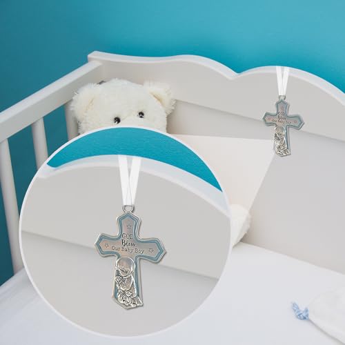 Image of elskandi Crib Cross God Bless This Baby Boy Wall Art for Nursery - Baptism Gifts for Baby Boys Christening Gifts for Boys Baptism Baby Dedication Gift