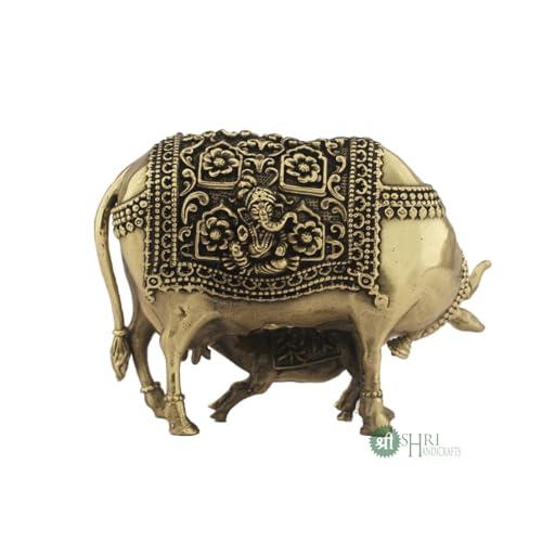 Image of INDICAST Handcrafted Brass Cow with Calf for Good Luck | 3 inch Kamdhenu Gau MATA Idol Spiritual Vastu Nandi Pooja Figurine Sculpture for Home and Office (Weight- 210gm)