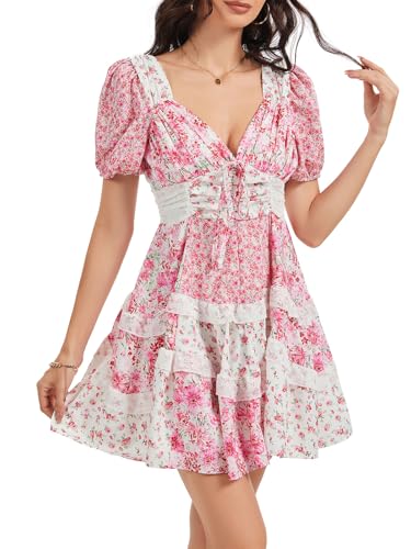 hibshaby Women's Floral Patchwork Dress V Neck Lace Layered Ruffle Flowy Babydoll Dress Puff Sleeve Tiered Mini Sundress