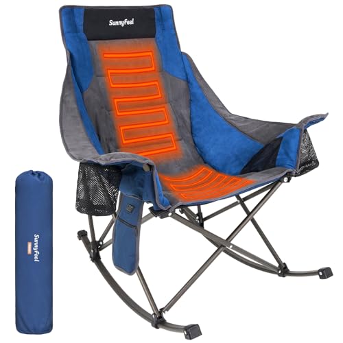 SUNNYFEEL Heated Rocking Camping Chair Fully Padded Patio Folding Chair Portable Oversized Outdoor Rocker High Back Lawn Recliner with Side Pocket Camp Rocker Chairs for Adults Heavy Duty 50