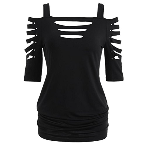 Clearance! Summer Rock Tops,Womens Fashion Shoulder Cut Lacerated Sleeve T-shirt Hollow Out Casual T-Shirt (L, Black)