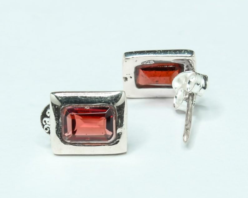 Boucle d'oreille puce grenat rouge naturel 8x10 argent 925 coussin solitaire - 4