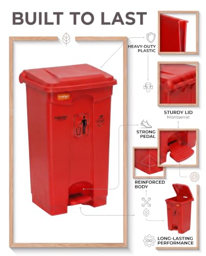 Image of pedal dustbin with lid, heavy duty plastic garbage bin, hands-free step-on waste bin for kitchen, office, home, hotel, bathroom & outdoor use (Mystic Red, 65 Liters)