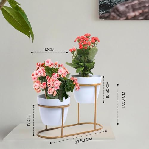 Image of UMAI Planter | Desktop Flower Planter | Home Decor Flowers Pot | Balcony Flower Pot | Flower Planter for Office Decor | Double Planter with Golden Stand | White
