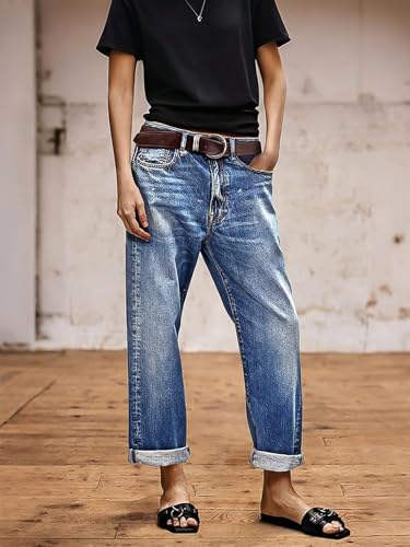 Flamingals Straight Leg Jeans for Women Boyfriend Mid Rise Roll Hem Wash Cropped Denim Pants Without Belt3