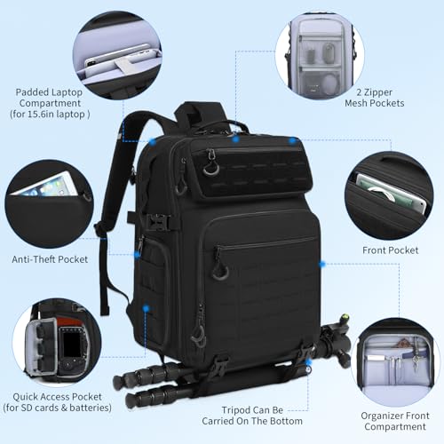 FRETHIND Kamerarucksack DSLR SLR Kameratasche wasserfest Fotorucksack für Canon Nikon Sony Kamera Drohne Objektiv Laptop -mit Regenschutz