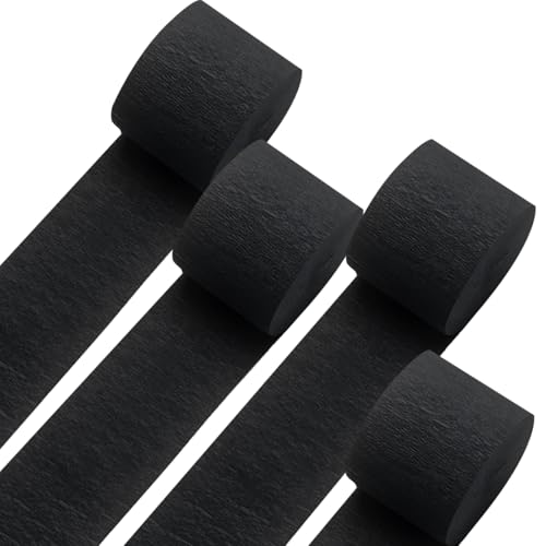 Black Crepe Paper Streamers 4 Rolls 328 ft Pack of Black Crepe Paper for Graduation Halloween New Year Anniversary Birthday Party Decorations Party Streamers Crepe Paper (1.8 Inch x 82 Ft/Roll)