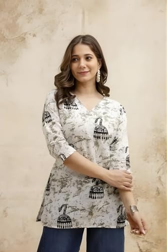 Image of Women's Cotton Printed Short Kurti, Round Neck, Three Quarter Sleeve, Straight Fit, Pack of 2