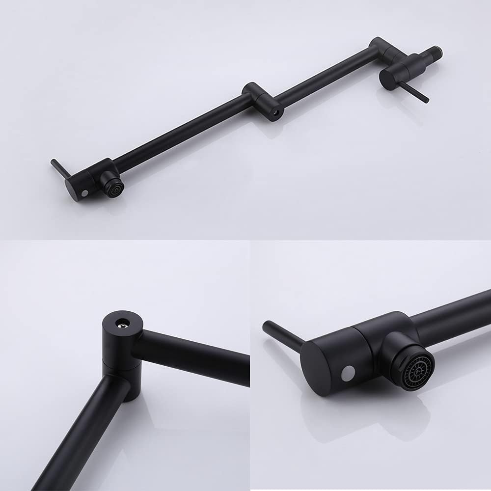 Kitchen Pot Filler Faucet Lead-Free Brass Double Joint Swing Arm Folding Sink Faucet Articulating Wall Mount Two Handle (Matte Black)