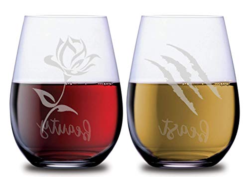 SMOOCHIES Beauty and Beast Set of 2 His and Her Stemless Couples Wine Glasses with Permanent Etched Princess Belle Rose & Beast Scratch Dishwasher Safe 14oz Leadfree Glass Glassware
