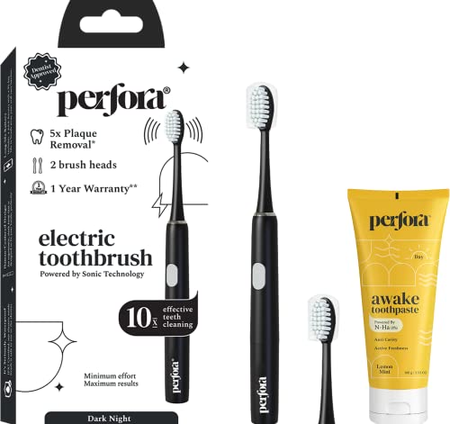 Image of Perfora Electric Toothbrush,2 Modes,Aaa Powered,2 Brush Heads,90 Days Battery|1 Year Warranty|Electric Brush,Electric Toothbrush For Men,Women&Kids,002 - Dark (Brush-Toothpaste Combo),Pack of 1