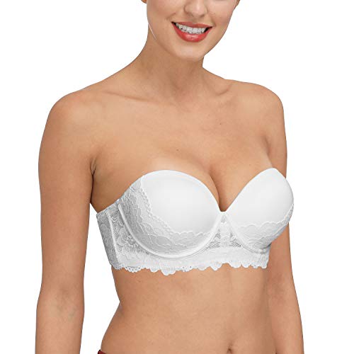 Women's Strapless Push Up Padded Support Backless Plunge Low Cut Convertible Multiway Bra for Wedding White