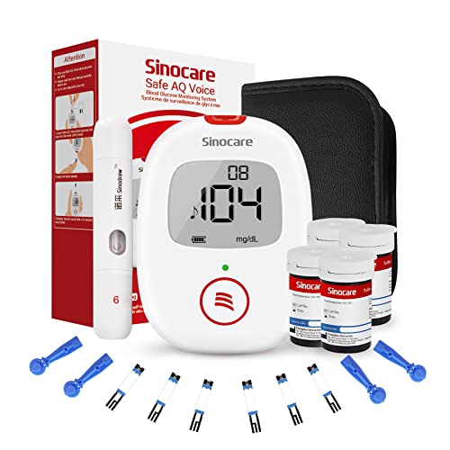 Sinocare Safe AQ Voice Glucometro Misuratore Glicemia nel Sangue Senza Codifica con Funzione Vocale, Diabete Test Kit di Test Rapido e Accurato, Incluse 100 Strisces/Lancettes-mg/dL