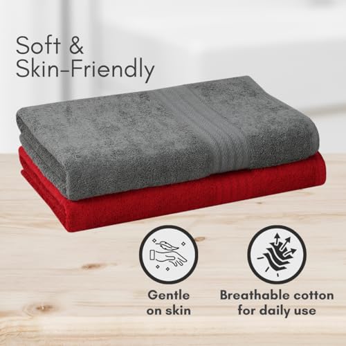 Image of Mafatlal Joy Bath Towel Large Size for Men - Pack of 2 | 58 x 29 inch | Soft Cotton | Quick Dry & Highly Absorbent | 450 GSM | Gray N Red