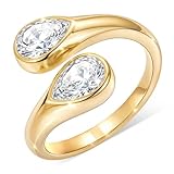 Thumb 14K Gold Plated Wedding Band Rings for Women Men, Stainless Steel Adjustable Pear Cut Diamond Open Toi et Moi Ring, Gold Non Tarnish Hypoallergenic Promise Ring Size 9